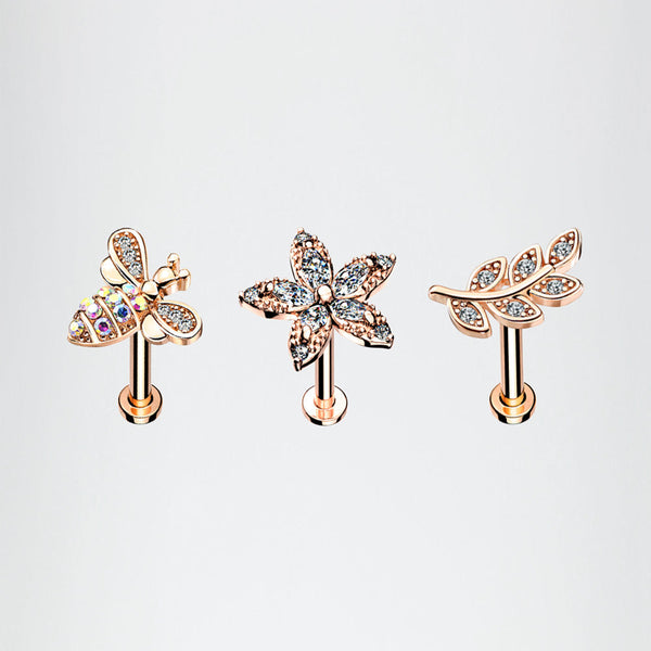 3 Pcs Pack of Assorted Rose Gold Honey Bee Flower Leaf Internally Threaded Labret