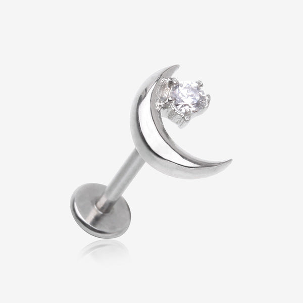 Crescent Moon Prong Set Gem Sparkle Internally Threaded Steel Flat Back Stud Labret-Clear Gem