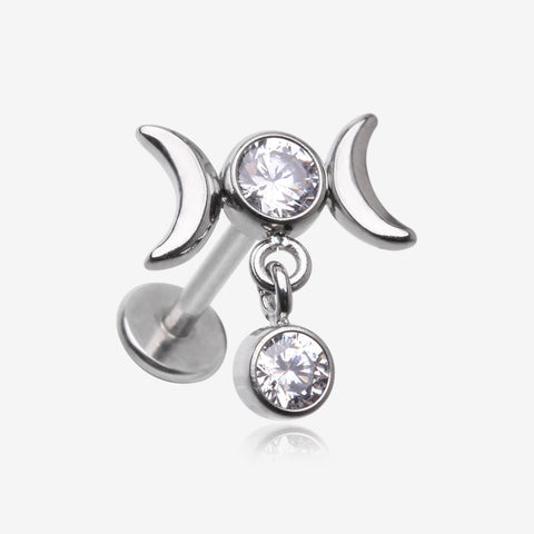 Triple Moon Phase Sparkle Internally Threaded Steel Flat Back Stud Labret-Clear Gem