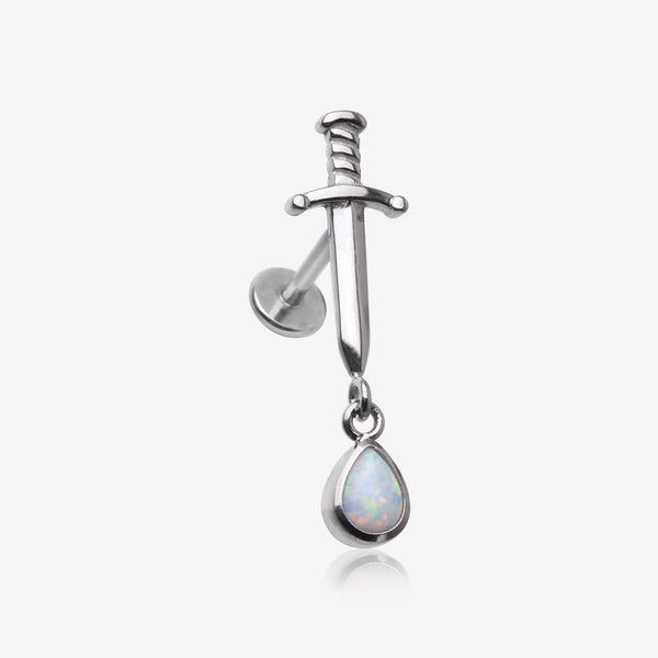 Teardrop Fire Opal Dangle Dagger Sword Internally Threaded Steel Flat Back Stud Labret-White Opal