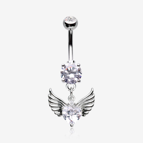 Angelic Wing Heart Sparkle Dangle Belly Button Ring-Clear Gem