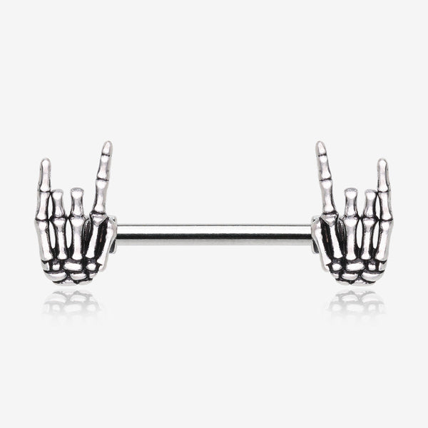 A Pair of Rock On Skeleton Hands Steel Nipple Barbell