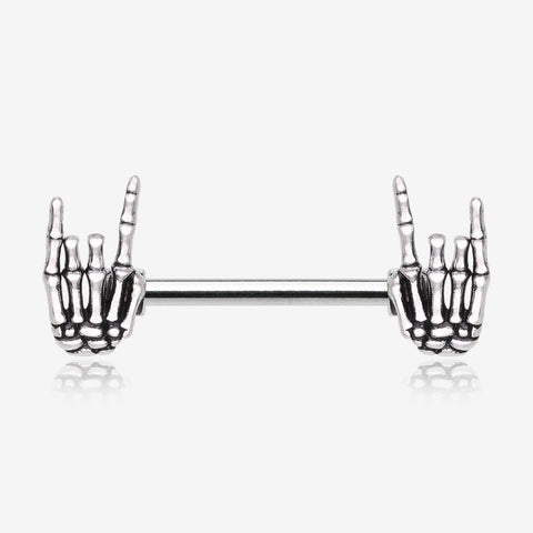 A Pair of Rock On Skeleton Hands Steel Nipple Barbell