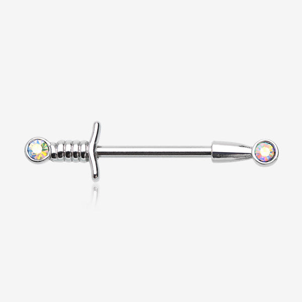 A Pair of Classic Sparkle Dagger Sword Nipple Barbell-Aurora Borealis