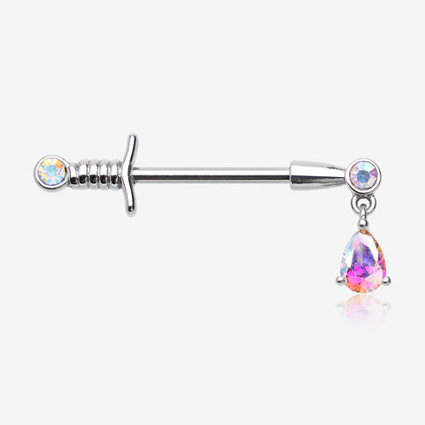 A Pair of Classic Sparkle Dagger Sword Teardrop Dangle Nipple Barbell-Aurora Borealis