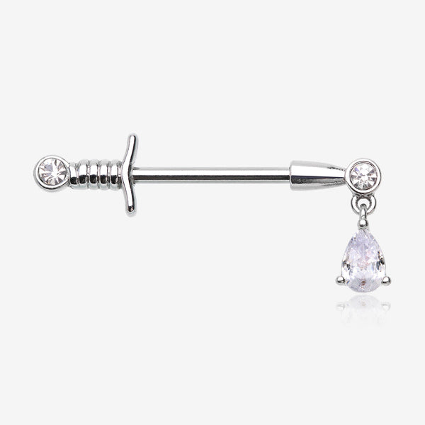 A Pair of Classic Sparkle Dagger Sword Teardrop Dangle Nipple Barbell-Clear Gem