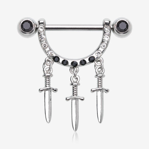 A Pair of Triple Dagger Sword Sparkle Stirrup Dangle Nipple Barbell Ring-Black