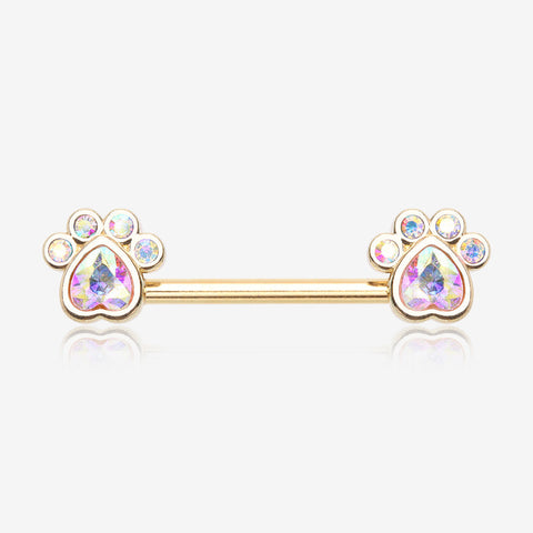 A Pair of Golden Sparkle Adorable Paws Nipple Barbell-Aurora Borealis