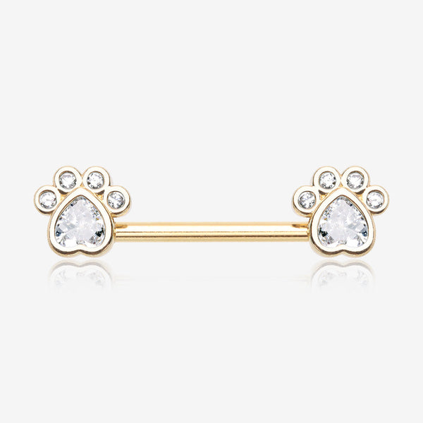 A Pair of Golden Sparkle Adorable Paws Nipple Barbell-Clear Gem