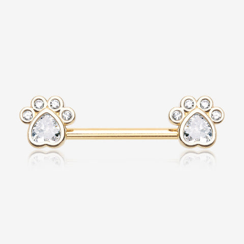 A Pair of Golden Sparkle Adorable Paws Nipple Barbell-Clear Gem