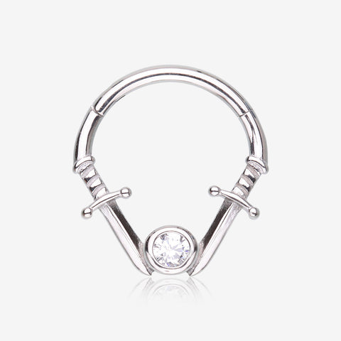 Double Dagger Sparkle Emblem Steel Clicker Hoop Ring-Clear Gem