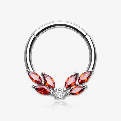 Brilliant Sparkle Marquise Floral Wreath Clicker Hoop Ring- Red