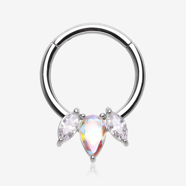 Brilliant Sparkle Teardrop Marquise Drop Clicker Hoop Ring-Aurora Borealis/Clear Gem