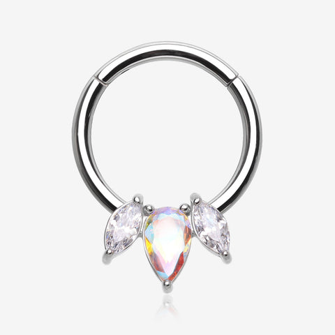 Brilliant Sparkle Teardrop Marquise Drop Clicker Hoop Ring-Aurora Borealis/Clear Gem