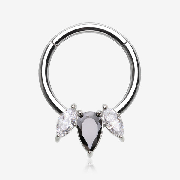 Brilliant Sparkle Teardrop Marquise Drop Clicker Hoop Ring-Black/Clear Gem