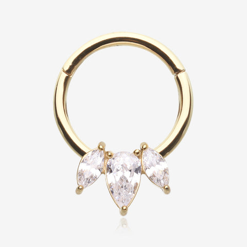 Golden Brilliant Sparkle Teardrop Marquise Drop Clicker Hoop Ring-Clear Gem