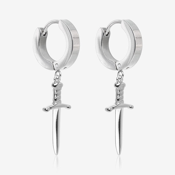 A Pair of Dagger Dangle Steel Huggie Hoop Earring