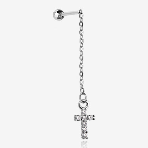 Chained Sparkle Cross Dangle Cartilage Barbell Earring-Clear Gem