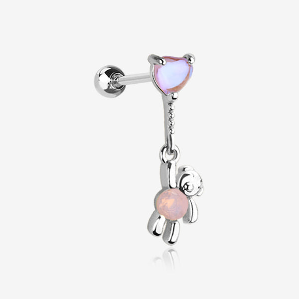 Adorable Floating Bear Heart Balloon Sparkle Cartilage Barbell Earring-Pink