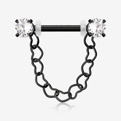 A Pair of Blackline Sparkle Chained Hollow Heart Internally Threaded Nipple Barbell-Clear Gem