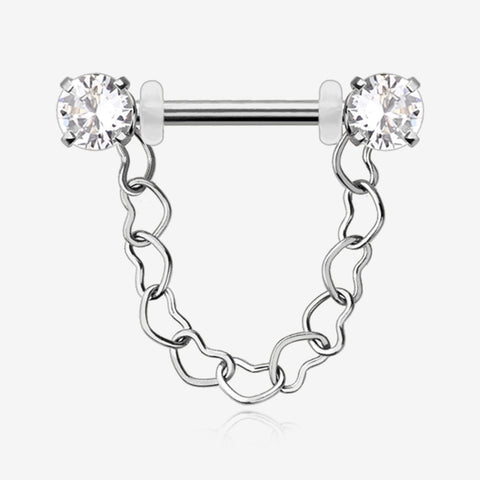 A Pair of Sparkle Chained Hollow Heart Internally Threaded Nipple Barbell-Clear Gem