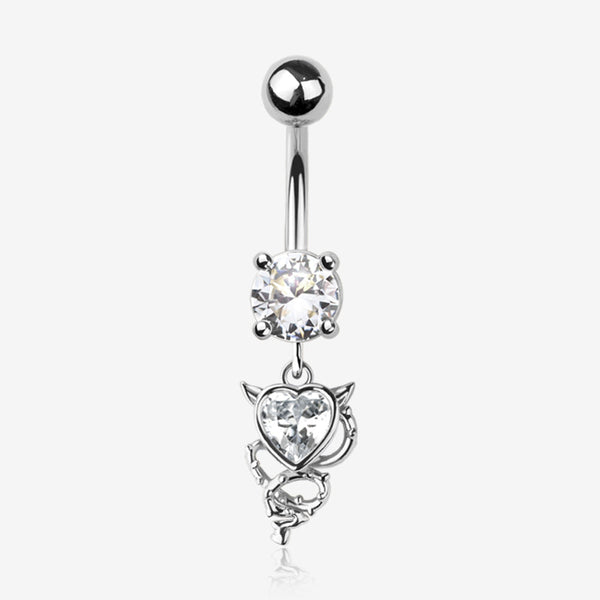 Tailed Devil's Heart Sparkle Dangle Belly Button Ring-Clear Gem