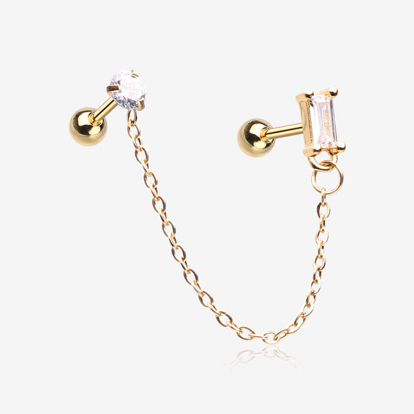 Golden Chainlink Princess Gem Sparkle Cartilage Barbell Stud-Clear Gem 