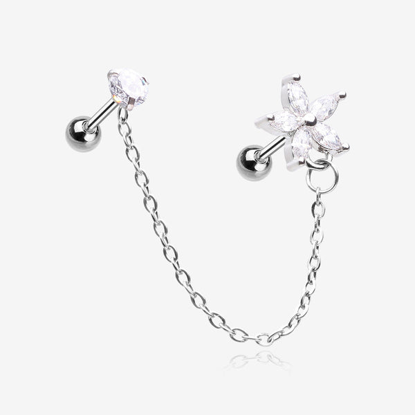 Chainlink Grand Flower Gem Sparkle Cartilage Barbell Stud-Clear Gem 