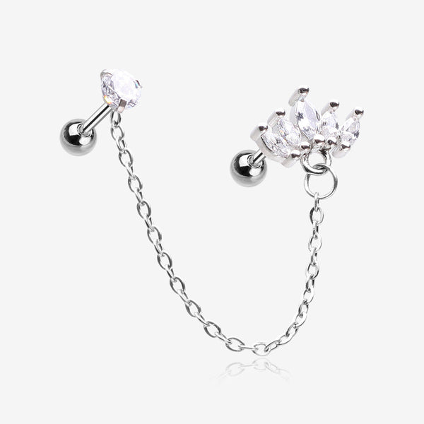 Chainlink Marquise Flower Gem Sparkle Cartilage Barbell Stud-Clear Gem 