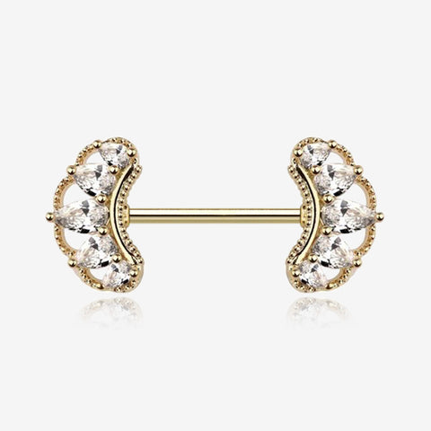 A Pair of Golden Bohemian Arc Elegance Sparkle Nipple Barbell-Clear Gem