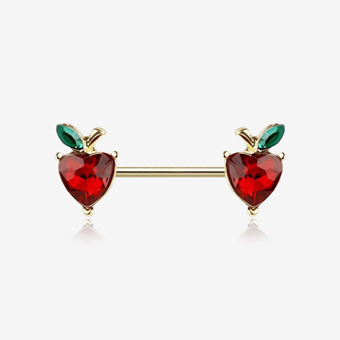 A Pair of Golden Adorable Red Apple Fruit Sparkle Nipple Barbell