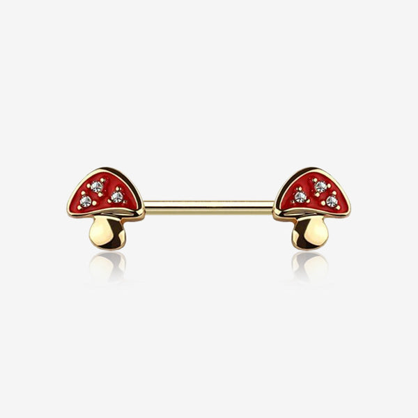 A Pair of Golden Poison Red Mushroom Sparkle Nipple Barbell