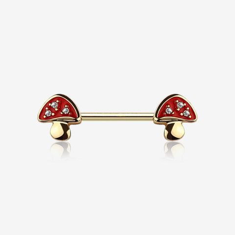 A Pair of Golden Poison Red Mushroom Sparkle Nipple Barbell