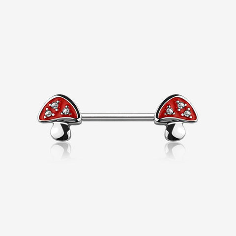 A Pair of Poison Red Mushroom Sparkle Nipple Barbell