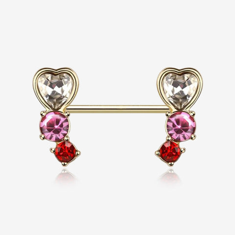 A Pair of Golden Heart Sparkle Journey Ombre Nipple Barbell-Red/Pink/Clear Gem