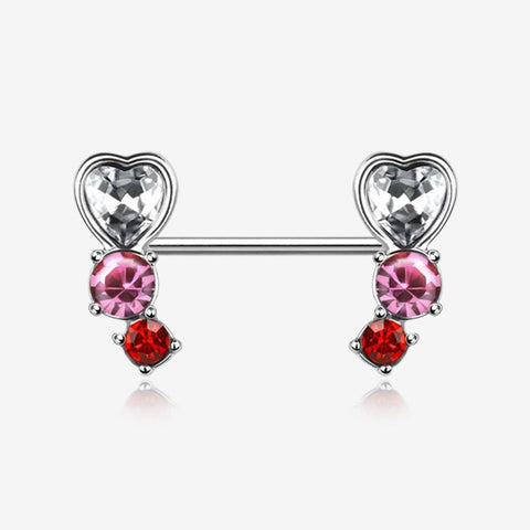 A Pair of Heart Sparkle Journey Ombre Nipple Barbell-Red/Pink/Clear Gem