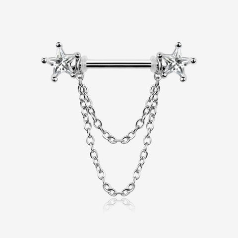 A Pair of Star Gem Sparkle Double Chained Nipple Barbell-Clear Gem