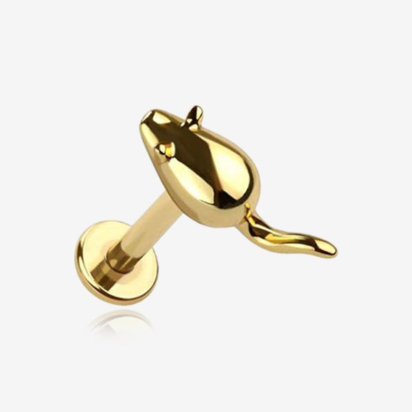 Golden Charming Little Mouse Top Internally Threaded Labret Flat Back Stud