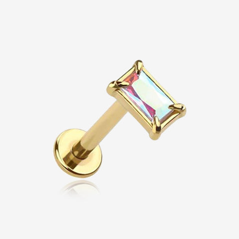 Golden Baguette Prong Set Sparkle Top Internally Threaded Labret Flat Back Stud-Aurora Borealis