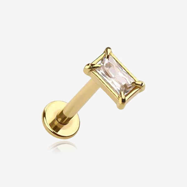 Golden Baguette Prong Set Sparkle Top Internally Threaded Labret Flat Back Stud-Clear Gem