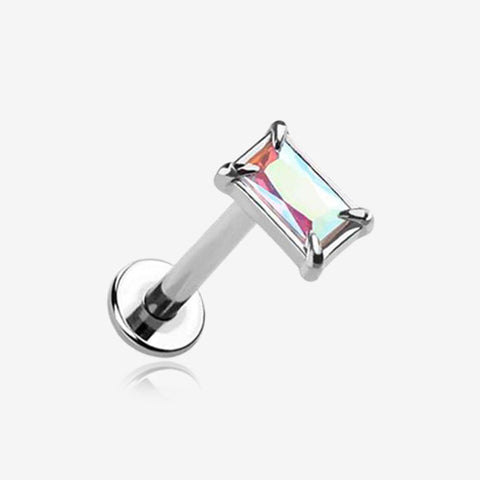 Baguette Prong Set Sparkle Top Internally Threaded Labret Flat Back Stud-Aurora Borealis