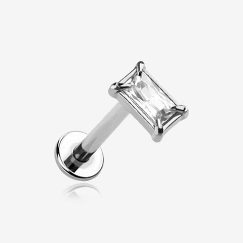 Baguette Prong Set Sparkle Top Internally Threaded Labret Flat Back Stud-Clear Gem