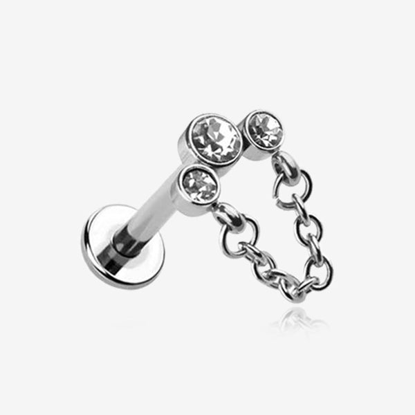 Chained Sparkle Trio Gem Top Internally Threaded Labret Flat Back Stud-Clear Gem