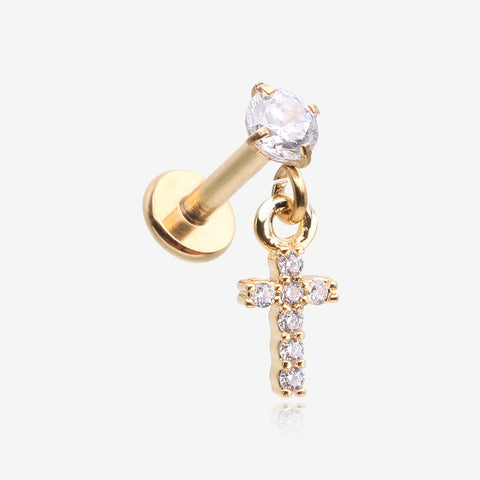 Golden Sparkle Cross Dangle Internally Threaded Labret Flat Back Stud-Clear Gem