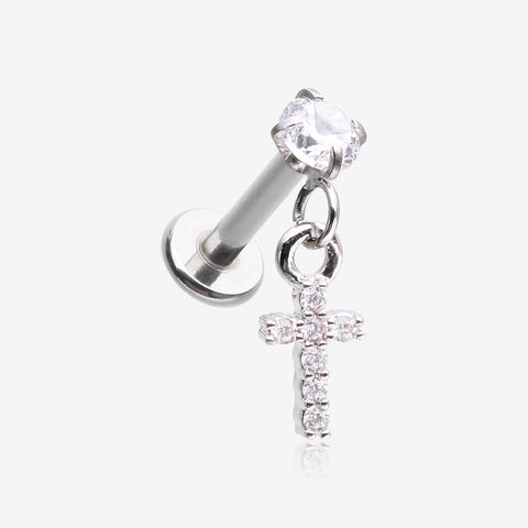 Sparkle Cross Dangle Internally Threaded Labret Flat Back Stud-Clear Gem