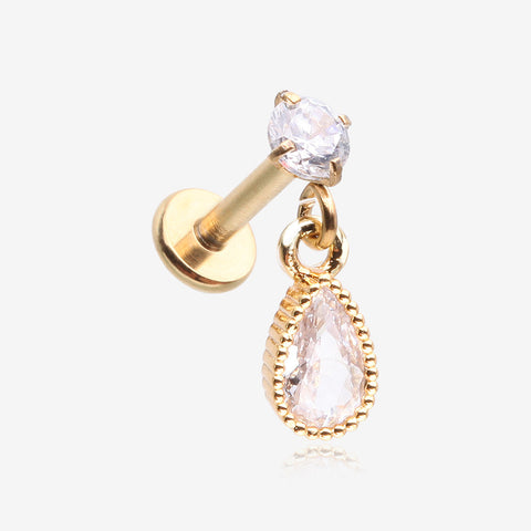 Golden Sparkle Teardrop Dangle Internally Threaded Labret Flat Back Stud-Clear Gem