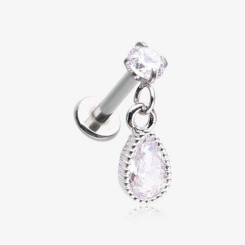 Sparkle Teardrop Dangle Internally Threaded Labret Flat Back Stud-Clear Gem