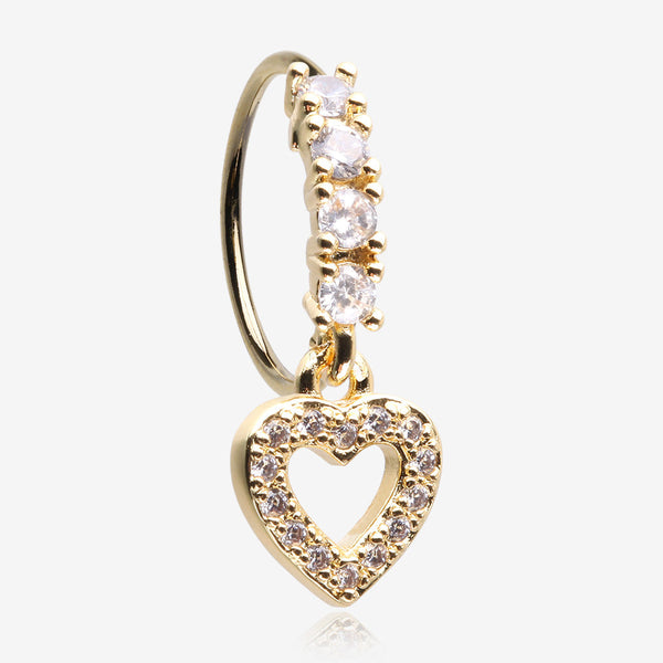 Golden Heart Loop Sparkle Dangle Multi-Gem Lined Bendable Hoop Ring-Clear Gem