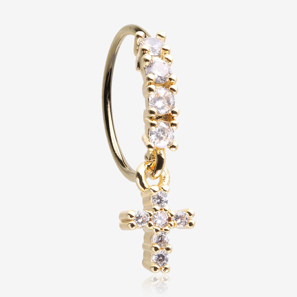 Golden Brilliant Cross Sparkle Dangle Multi-Gem Lined Bendable Hoop Ring-Clear Gem