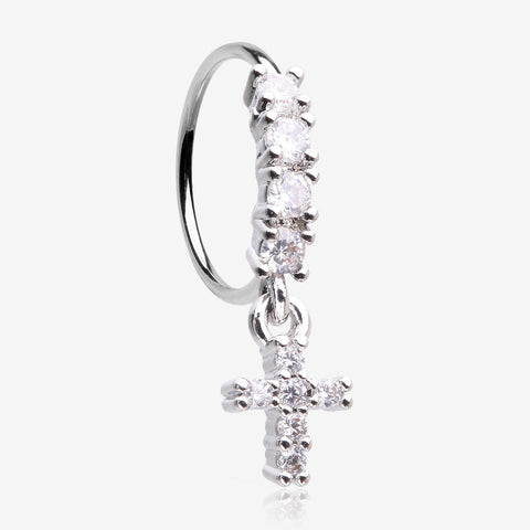 Brilliant Cross Sparkle Dangle Multi-Gem Lined Bendable Hoop Ring-Clear Gem